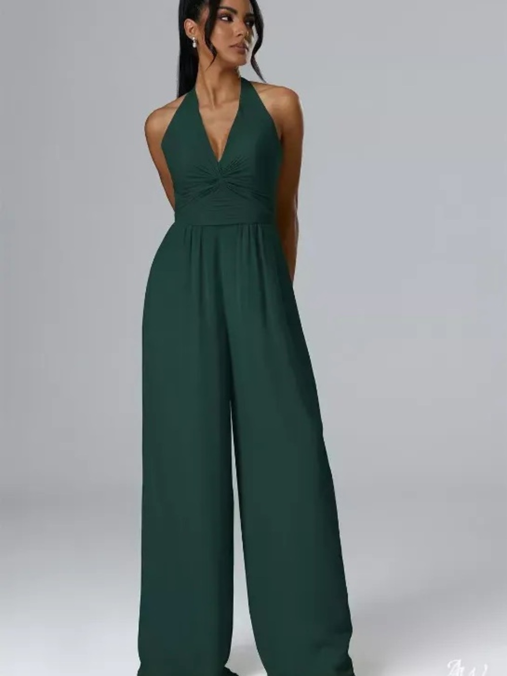 Forest Green Halter Wide-Leg Jumpsuit